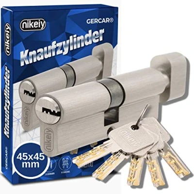 Afbeelding van GERCAR Pro 90 mm knopcilinder 45/45 massieve slotcilinder met knop cilinderslot deurslot van messing mat vernikkeld incl. 5 sleutels omkeerbare sleutel A:45 B:45 1 delige set