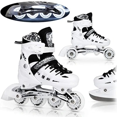 Afbeelding van Nils Twinkle Schaatsen, 4 in 1 set, inlineskates, triskates, rolschaatsen, ijsschaatsen, wit, ABEC7 wieltjes met ledlichten, maat verstelbaar van 39 tot 42