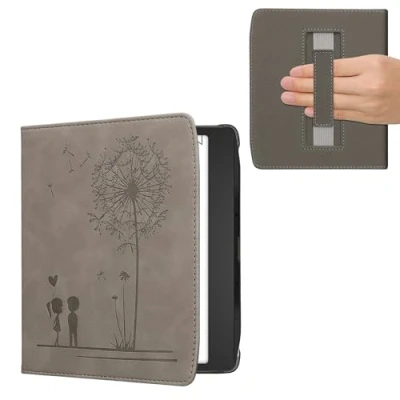 Afbeelding van kwmobile ereader hoesje van kunstleer geschikt voor Pocketbook Era / Color Met magneetsluiting In grijs Paardenbloemen Liefde design