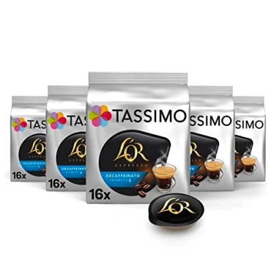 Afbeelding van Tassimo, 80 koffiepads Espresso L&#039;OR, compatibel met Tassimo machines, cafeïnevrije koffie, 5 verpakkingen elk 16 pads