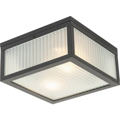 Afbeelding van QAZQA Buiten plafondlamp zwart met ribbel glas 2 lichts IP44