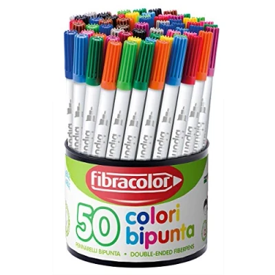 Afbeelding van FIBRACOLOR viltstiften met dubbele punt, doos 50 in verschillende kleuren, conische punt en fijne schrijfstreep, super wasbaar