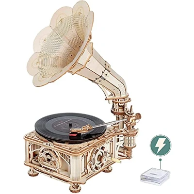 Afbeelding van ROKR 3D Houten Puzzel Voor Volwassenen Tieners DIY Model Kits Retro Decoratie Klassieke Grammofoon, Automatische &amp; Handmatige Modi LKB01D