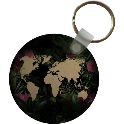 Afbeelding van Sleutelhanger Wereldkaart Bruin Bloemen Plastic Rond Uitdeelcadeautjes