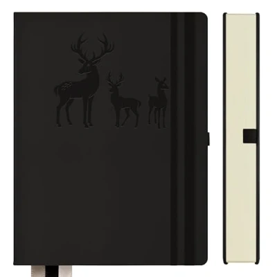 Afbeelding van Qefuna notitieboek B5 gelinieerd, Bullet Journal dik notitieblok, 300 pagina&#039;s, Hardcover lederen notitieboek, 100gsm gelinieerd papier voor vrouwen mannen kantoor schoolagenda, 19 x 25,5 cm,Zwart
