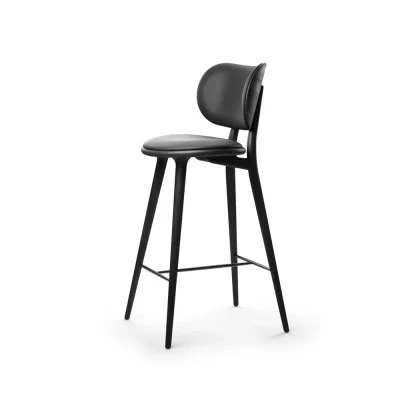 Afbeelding van Mater High Stool Backrest barkruk laag leer zwart, zwartgebeitst eikenhouten onderstel