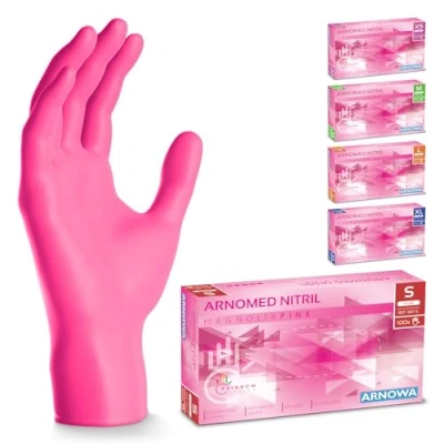 Afbeelding van ARNOMED wegwerphandschoenen roze, nitril handschoenen S, met 100 stuks per doos, poedervrij. Latexvrije rubber handschoenen, verkrijgbaar in XS, M, L &amp; XL