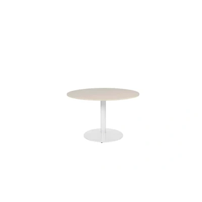 Afbeelding van Linesto 120cm ronde vergadertafel op vaste hoogte (74cm) met robson eiken 25mm blad en witte (RAL9010) trompetvoet
