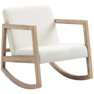 Afbeelding van HOMCOM schommelstoel met houten frame, gestoffeerd, relaxstoel, fauteuil, woonkamerstoel, salon gestoffeerde zitting, rubberhout, crème wit, 60 x 81 71 cm