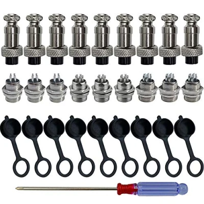 Afbeelding van QitinDasen 9 stuks GX12 luchtvaartstekkerset, 5 A, 12 mm, mannelijk en vrouwelijk, metaal, paneel, luchtvaart, stekkerstekker, met rubberen dop schroevendraaier (4/5/6 polig)