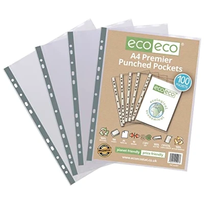 Afbeelding van eco A4 100% Gerecycleerde Premier Multi Geperforeerde Zakken Glas Duidelijk, Transparant Poly Wallet Sheet Protector, 90 Microns (Pack van 100)
