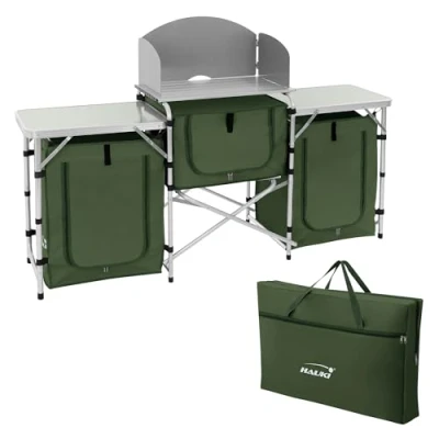 Afbeelding van Campingkeuken opvouwbaar met draagtas Khaki gemaakt van aluminium incl. werkblad Hauki