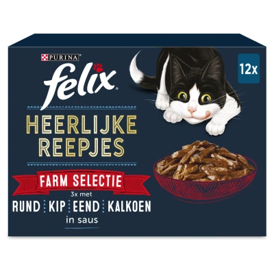 Afbeelding van Felix Maaltijdzakjes Heerlijke Reepjes Farm Selectie Box Kattenvoer Rund Kip Eend 12x85 g