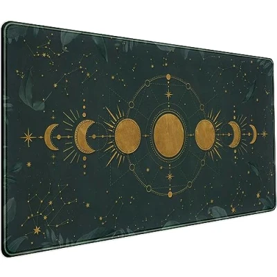 Afbeelding van Donkere Academia muismat bosgroen XXL bureaumat gouden maanfasen grote verlengde gaming laptop toetsenbord en bureauonderlegger, antislip rubberen basis met gestikte randen, 80 x 40 cm