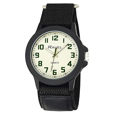 Afbeelding van Ravel Modern werkhorloge voor mannen met bandje eenvoudige sluiting Zwart/crèmekleurige/zwarte band