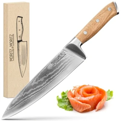 Afbeelding van Moritz &amp; Damastmes 20 cm professioneel koksmes van 67 lagen damaststaal scherp keukenmes Japans ergonomische handgreep acaciahout Damascus mes staal