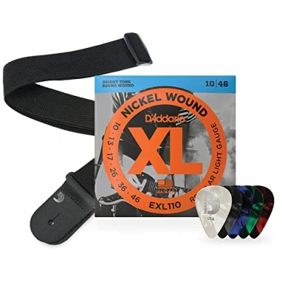 Afbeelding van D&#039;Addario elektrische gitaarbundel, met daarin; EXL110 Regular Light Gitaarsnaren, Zwarte Polypro Band, Diverse Celluloid Gitaar Plectrums