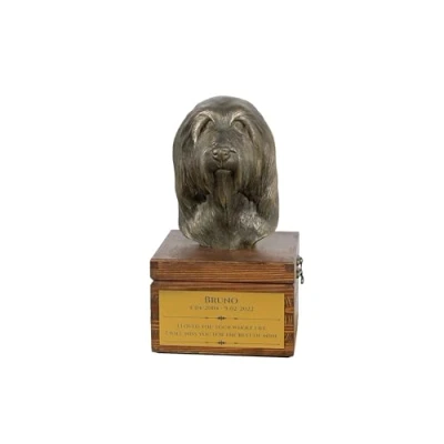 Afbeelding van Art Dog handgemaakte aangepaste hondenherdenkingsurn koudgegoten bronzen hondenkop op berkenbasis langdurige hondencrematiedoos 16x28x16cm Bebaarde collie
