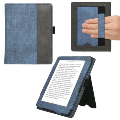 Afbeelding van kwmobile hoes voor e reader geschikt Kobo Aura Edition 1 Cover met standaard in donkerblauw / donkergrijs Kunstleer