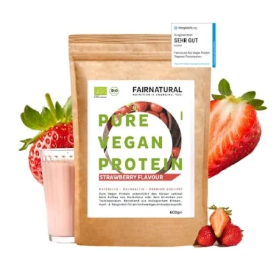Afbeelding van Veganistisch proteïnepoeder, biologische aardbeien, zonder soja en chemicaliën, regionaal uit Duitsland, 5K plantaardig premium om te bakken als eiwitshake, 600 g,