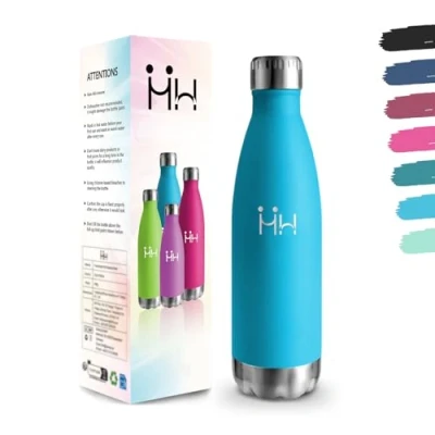 Afbeelding van Drinkfles, 500 ml, BPA vrij, 304 roestvrij staal, dubbelwandig, vacuüm geïsoleerd, isolatiefles voor school, reizen, joggen, camping, hemelsblauw, lekvrij, metaal, ml