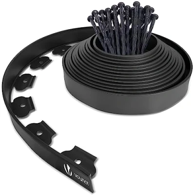 Afbeelding van VOUNOT Grasrand van kunststof, 10 m, met 30 haringen, flexibel, gazonrand stabiele hoogte 50 mm, dikte 4 zwart