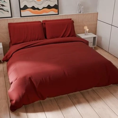 Afbeelding van PETTI Artigiani Italiani dekbedovertrek voor Frans bed, en kussenslopen van microvezel, effen, donker poeder, 100% Made in Italy
