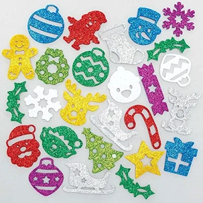 Afbeelding van Baker Ross FC245 Kerst glitter foam stickers pak van 100, kinderstickers, ideaal voor kerstkunst en knutselprojecten, het maken kaarten versieren plakboeken