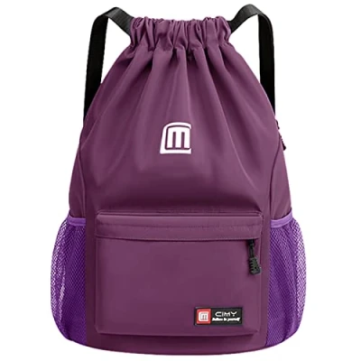 Afbeelding van Eucomir gymtas met trekkoord, waterdichte sporttas, grote tas trekkoord en netvakken, waterdicht, nylon voor dames heren, paars, lila
