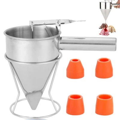 Afbeelding van Pannenkoekendeegdispenser, 1,2 l, roestvrij staal, deegportioneerder met standaard, trechter, taartdispenser 4 trechters, zuigertrechter, baktrechter, kookgerei voor thuis, keuken, bakkerij