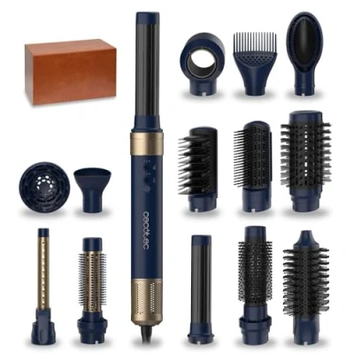 Afbeelding van Cecotec Heteluchtborstel, haardroger, stijltang, 14 opzetstukken, Coanda CeramicCare technologie, in 1, AirGlam Blue, 1400 W, digitale motor, verwijdert kroes, 3 temperaturen