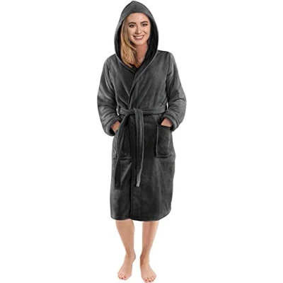 Afbeelding van NY Threads Dames Bajdas met Capuchon Luxe Zacht Fleece en Gezellig Vlies Kleedjas voor Vrouwen (Donker Grijs, Small)