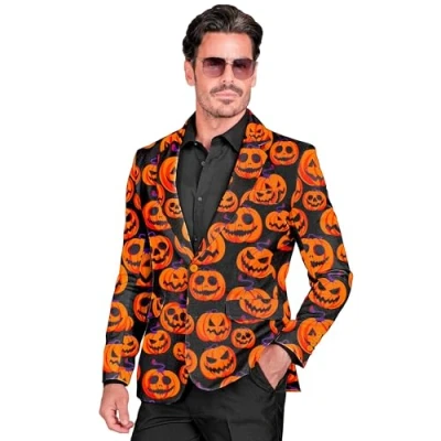 Afbeelding van Widmann Pompoenjas voor heren, zwart met pompoengezichten, licht op onder uv licht, Halloween verkleedkleding