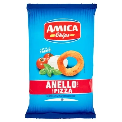 Afbeelding van 15x Amica chips Anello pizza maïssnacks met pizzasmaak zoute snack 125g zak