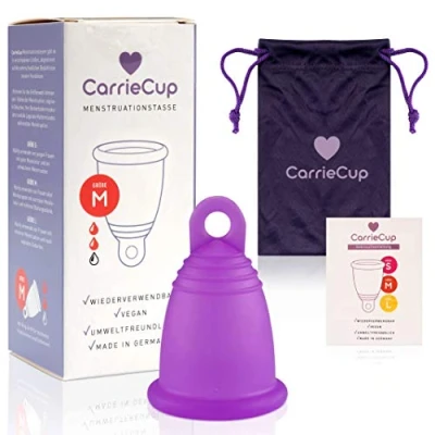 Afbeelding van CarrieCup Mediumbeker voor menstruatie, Made in Germany, BPA vrij, alternatief tampons en maandverband, siliconenvrij, incl. zakje lila