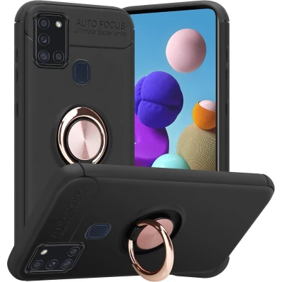 Afbeelding van Cadorabo Hoesje geschikt voor Samsung Galaxy A21s in ZWART ROSE GOUD Beschermhoes met focusring van TPU Case Cover siliconen