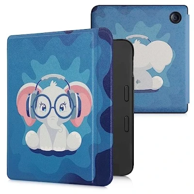 Afbeelding van kwmobile E reader hoesje geschikt voor Tolino Vision 6 hoes flip case met magnetische sluiting Ereader cover Schattige olifant design in lichtblauw / donkerblauw grijs