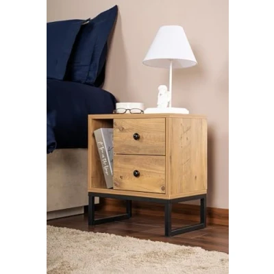 Afbeelding van Nachtkastje met 2 laden Franko L45,2xH50cm Licht hout en zwart metaal Menzzo