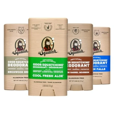 Afbeelding van Dr. Squatch Natural Deodorant for Men Odor Squatching Men&#039;s Aluminum Free Birchwood Breeze, Cool Fresh Aloe, Falls, Wood Barrel Bourbon (4 Pack)