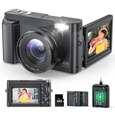 Afbeelding van Digitale camera 4K 48MP fotocamera met 32GB kaart compacte 3 inch klapdisplay, autofocus, flits, vlog selfies voor beginners