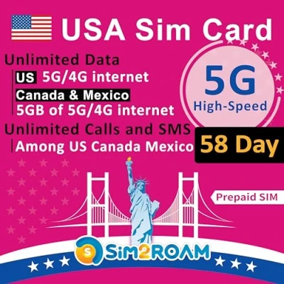 Afbeelding van VS CANADA MEXICO Prepaid simkaartOnbeperkte 5G/4G internetdata in de (inclusief Hawaï)+5GB data CA en MXOnbeperkt bellen sms&#039;en tussen VS, MXHervulbaar (58 dagen)