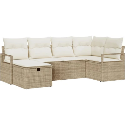 Afbeelding van vidaXL 6 delig Tuin Sofa Set met Kussens Beige Poly Rattan, 2 Zits Opslag &amp; Rattan