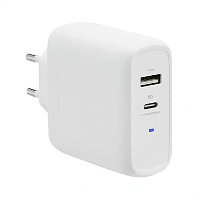 Afbeelding van Amazon Basics GaN wandoplader met 2 poorten, 63 W, 1 USB C poort 45 W en A 18 voor laptops, tablets mobiele telefoons voeding, wit (niet PPS), 6,6 x 2,94 6,24 cm