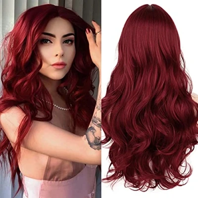 Afbeelding van ATAYOU® Lange Wijnrode Lace Front Pruik Synthetische Met Klein Stukje Kant 5x2 Inch Wine Red Wig Small (Rood @ 596)