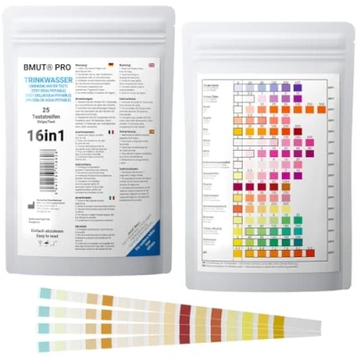 Afbeelding van 16 in 1 drinkwaterteststrips, watertester, 25 stuks, voor leidingwater, waterkwaliteit, analyse, totale hardheid, lood, koper, nitraat