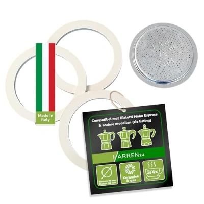 Afbeelding van Harren24 Filter en 3 x afdichting voor espressokokers, compatibel met Bialetti espressokan of 4 kopjes, Ø buiten 65 mm, 6,5 cm, binnendiameter 54 5,4 reserveafdichting, afdichtring
