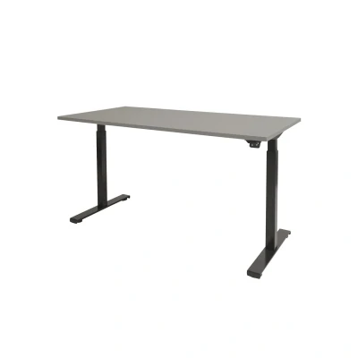 Afbeelding van Dextro basic zit/sta 140x80cm, electrisch hoogte verstelbare werkplek, T poot frame. Frame kleur zwart (RAL9005) en blad licht grijs.