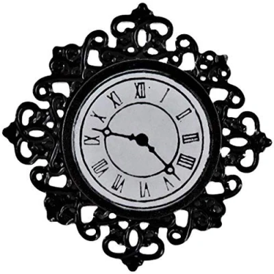 Afbeelding van Melody Jane Poppen Huis Zwart Filigraan Wandklok Miniatuur 1:12 Ornament Accessoire