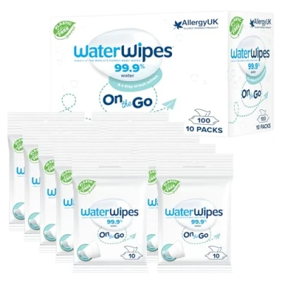 Afbeelding van WaterWipes Doekjes voor Onderweg, 100 (10 Pakjes), 99% op Water Gebaseerd, Hydraterende Doekjes, Ideaal Reis, Ontworpen Gezicht &amp; Lichaam