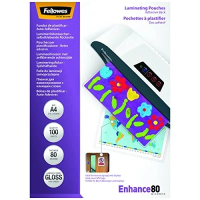 Afbeelding van Fellowes Lamineerfolie A4 met zelfklevende achterkant, 80 micron (2 x mic), 100 stuks